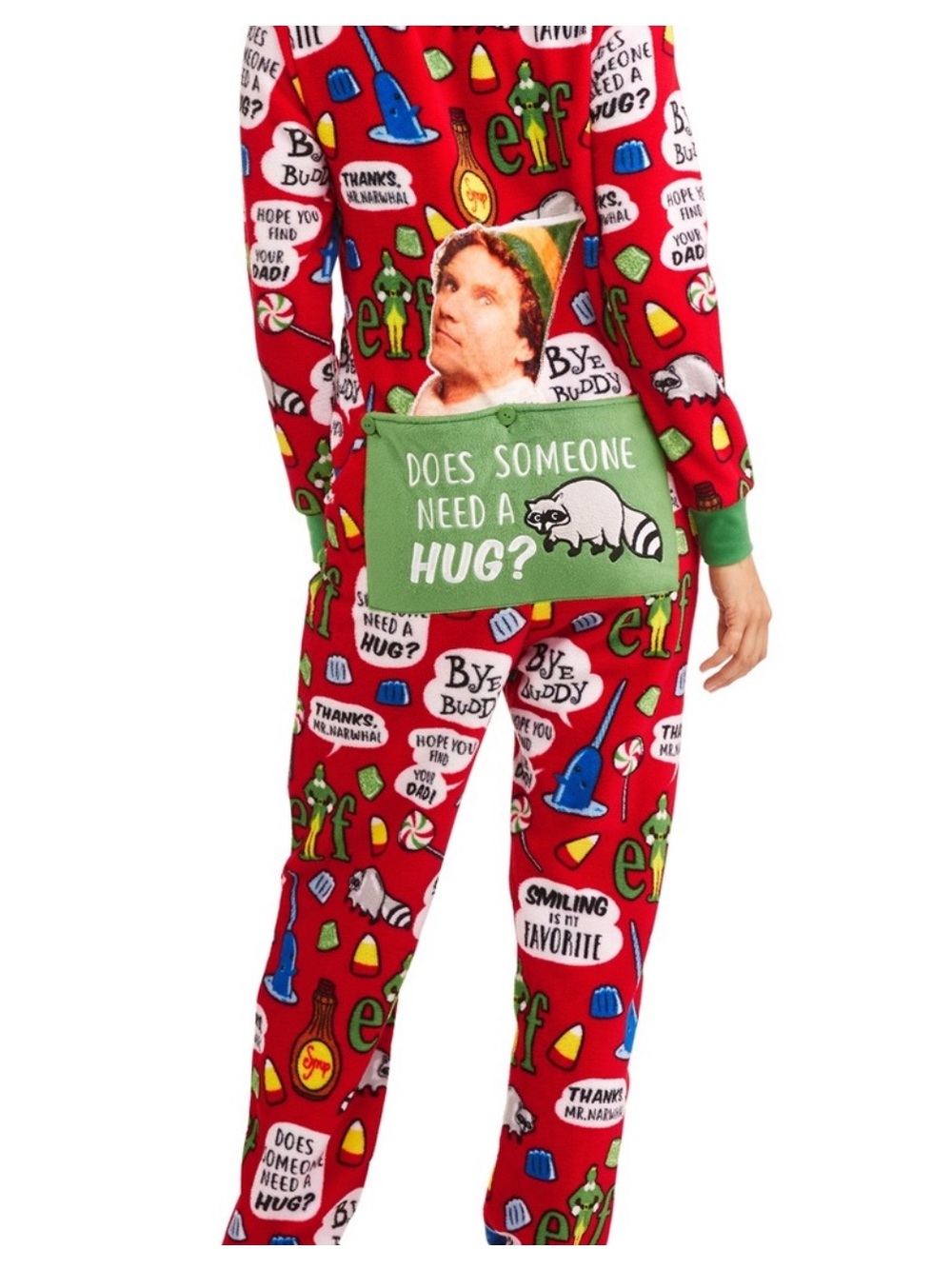 Elf movie Christmas pajamas onesie back flap "does someone need a hug